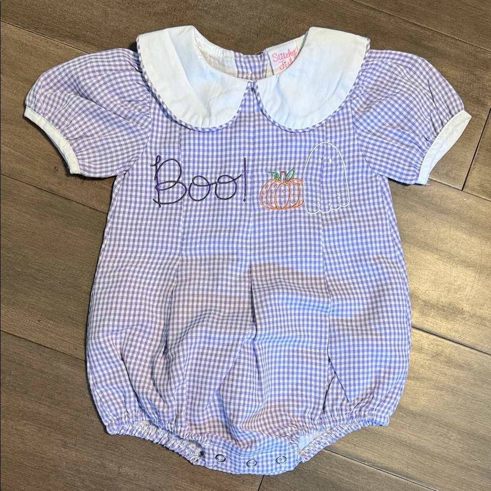 Stitchy Fish Lavender Gingham "Boo!" Halloween Bubble Romper - 3M